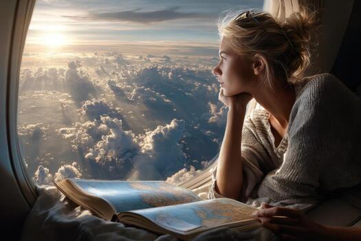 Woman gazes out of airplane window while exploring map during sunset journey photo