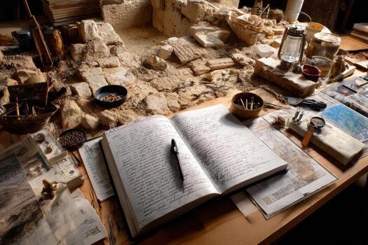 Open journal with handwritten notes on a rustic wooden table in an archaeological site photo