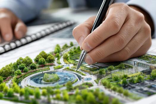 Landscape architect designing a green park layout with a detailed plan in hand photo