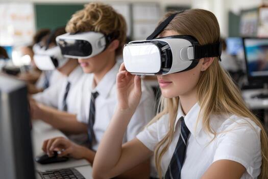 Students engaged in virtual reality learning in a modern classroom setting photo