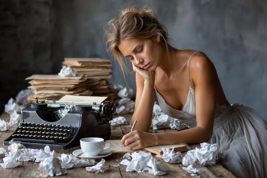 Woman writing on a notepad beside a typewriter in a rustic setting during the afternoon photo