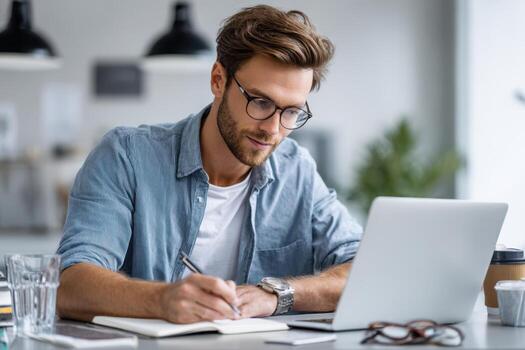 Young man writing notes while working on laptop in a modern workspace during daytime photo