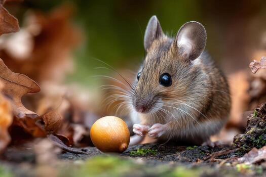 Small mouse exploring an acorn among autumn leaves in a forest setting photo