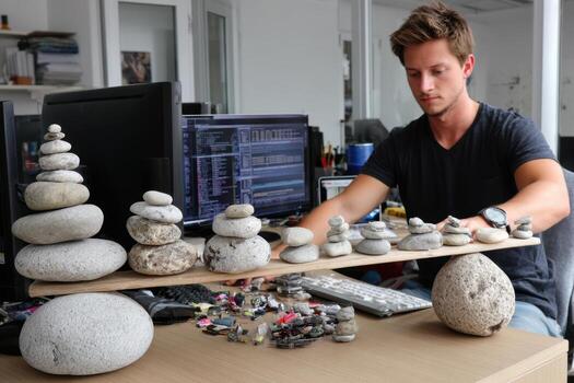 Balancing stones on a desk during a creative work session in a modern office environment photo
