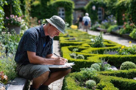hombre bocetos en un hermosamente ajardinado jardín con visitantes en el antecedentes foto