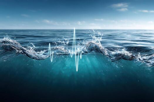 Waves ripple across the tranquil ocean surface reflecting a heartbeat line pattern photo