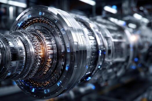 Futuristic engine design showcasing intricate machinery and glowing elements in a workshop photo