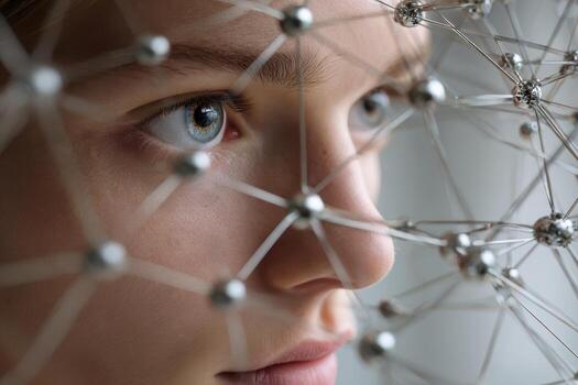 Close-up view of a person surrounded by a complex structure of interconnected nodes photo