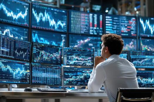 Trader analyzes financial market data on multiple screens in a modern trading room photo