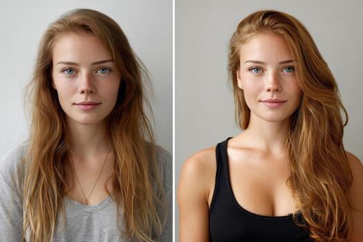 Transformation of a woman before and after beauty styling session in a bright studio photo