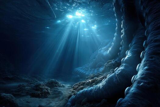 Mysterious underwater scene with octopus tentacles and sunlight rays filtering through water photo