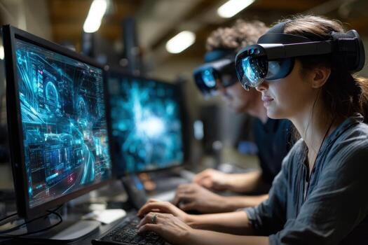 Individuals engage in virtual reality experience in a tech lab setting photo