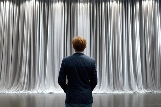 Person standing before a curtain in a theater, preparing for a performance or presentation photo