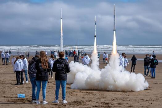 cohete lanza en un playa con público presenciar un emocionante demostración de tecnología foto