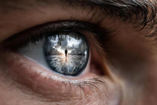 Man standing alone on wet pavement reflected in an eye with cloudy skies above photo