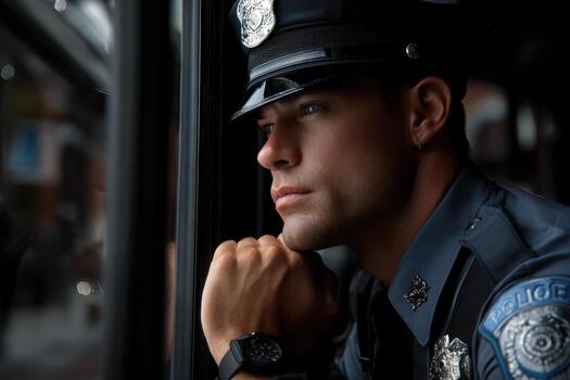 Police officer reflecting while looking out the window on duty during evening hours photo