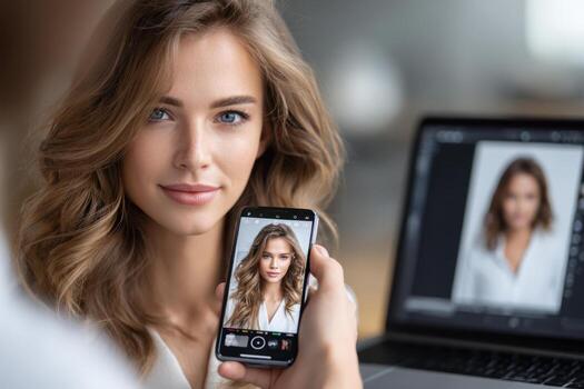 Young woman poses for a portrait while being photographed with a smartphone in a modern workspace photo