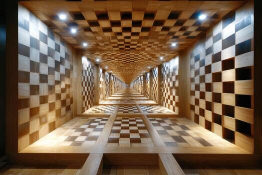 Wooden corridor with checkerboard pattern creates optical illusion in modern design space photo