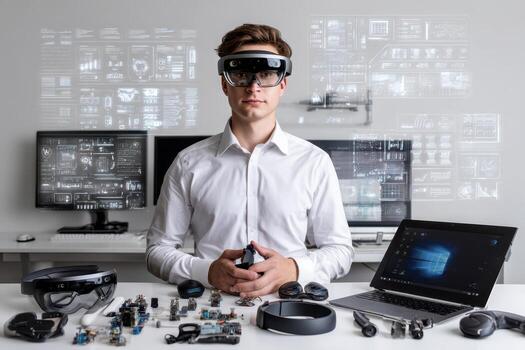 Technological innovation at work with a man in smart glasses and advanced equipment photo