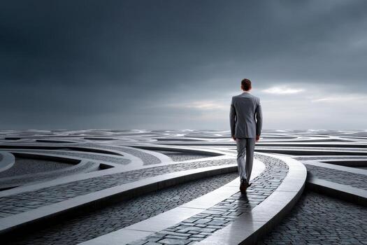 Man walks alone through a complex pattern of paths under a stormy sky photo