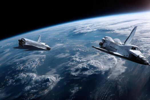 Space shuttle mission displays two orbiting shuttles above Earth at dusk photo