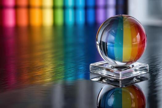Colorful glass sphere reflecting a vibrant gradient on a smooth surface in bright lighting photo