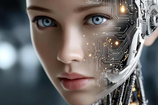 Futuristic robot with intricate circuitry and striking blue eyes embracing advanced tech photo