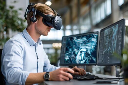 Young man engages in virtual reality simulation at modern workspace with dual monitors photo