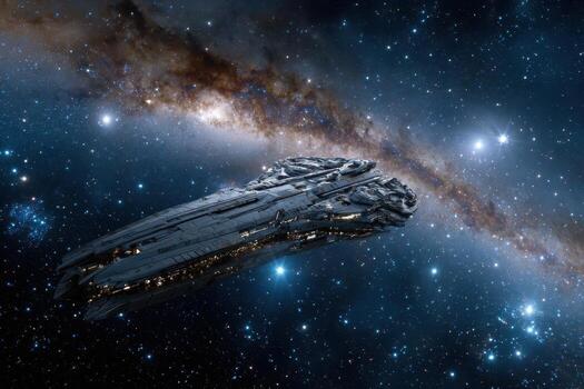 Spaceship cruising through deep space near a galaxy cluster photo