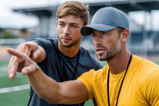 Coaches discussing strategy during a team practice on a sports field in the afternoon photo