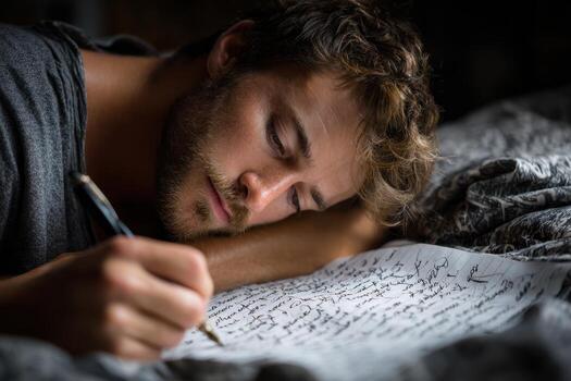Man writing on a large sheet of paper while resting on a bed in soft light photo
