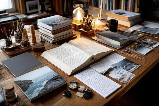 Creative workspace filled with books, sketches, and personal notes in a cozy environment photo