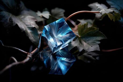 Beautiful ice cube reflects intricate patterns amidst green leaves in a dark setting photo