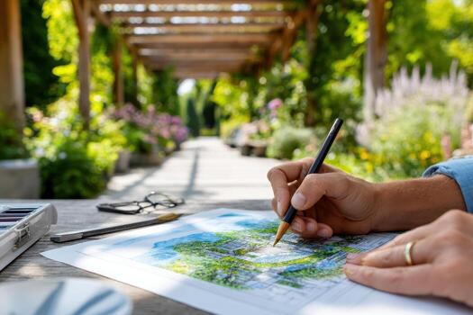 Sketching architectural designs in a vibrant garden setting during the afternoon photo