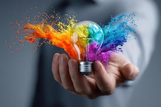 Creative explosion of colors around a light bulb in a hand during a conceptual art display photo