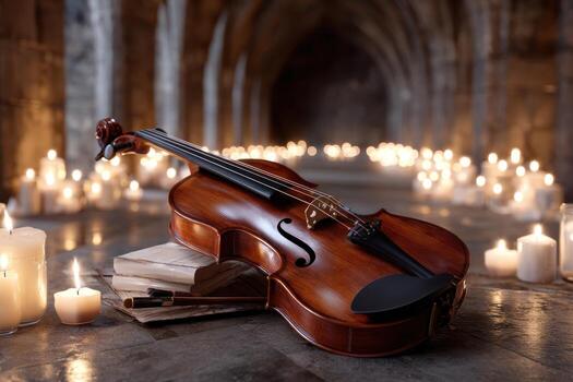 Elegant violin resting on books with glowing candles in a historic stone archway photo