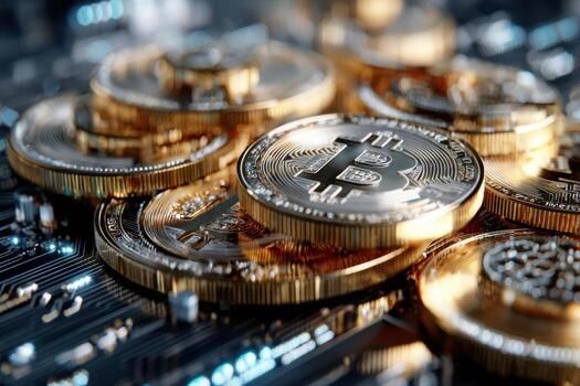 Bitcoin coins stacked on a digital circuit board representing cryptocurrency technology evolution photo