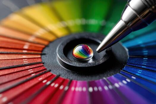 Colorful drop of water resting on a color palette with a metallic pen nearby photo