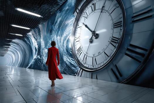 Woman in red coat walking through a tunnel with clock mural on wall photo