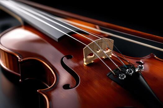 Close-up view of a finely crafted violin displaying its intricate details and elegant design photo