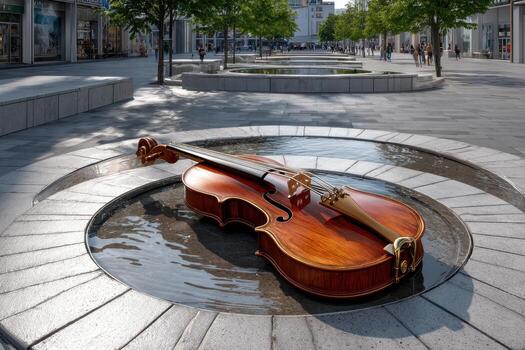 Violin placed in a urban fountain surrounded by trees and visitors during a sunny afternoon photo