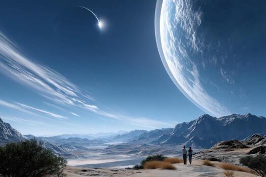 Couple gazes at distant planet and comet in a breathtaking cosmic landscape at twilight photo