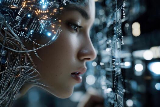 Futuristic woman with cybernetic enhancements exploring digital technology in modern environment photo