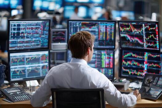 Trader analyzing financial data at multiple screens in a busy trading office environment photo