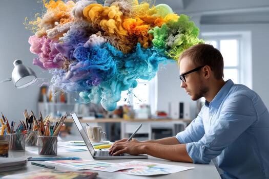 Creative professional working on digital design project with colorful cloud of ideas photo