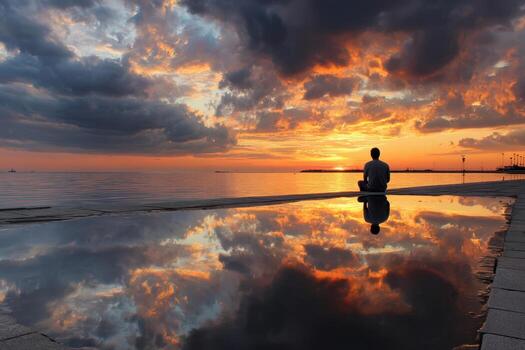Sunset reflection at the waterfront with a person seated on the dock photo