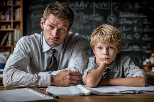 Father and son working on school assignments in a classroom filled with educational materials photo