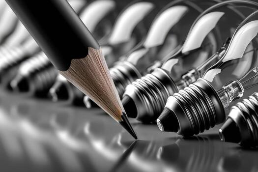 Creative concept of a pencil sketching light bulbs on a dark surface in a modern setting photo