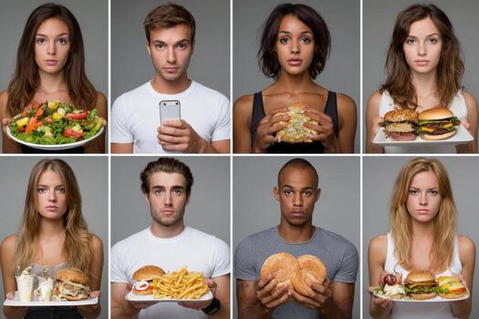 Variety of individuals with different food choices displayed in a minimalist studio setting photo