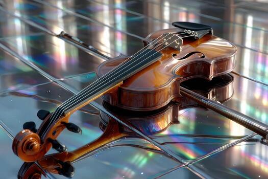 Violin resting on a reflective surface with colorful light reflections at an indoor location photo